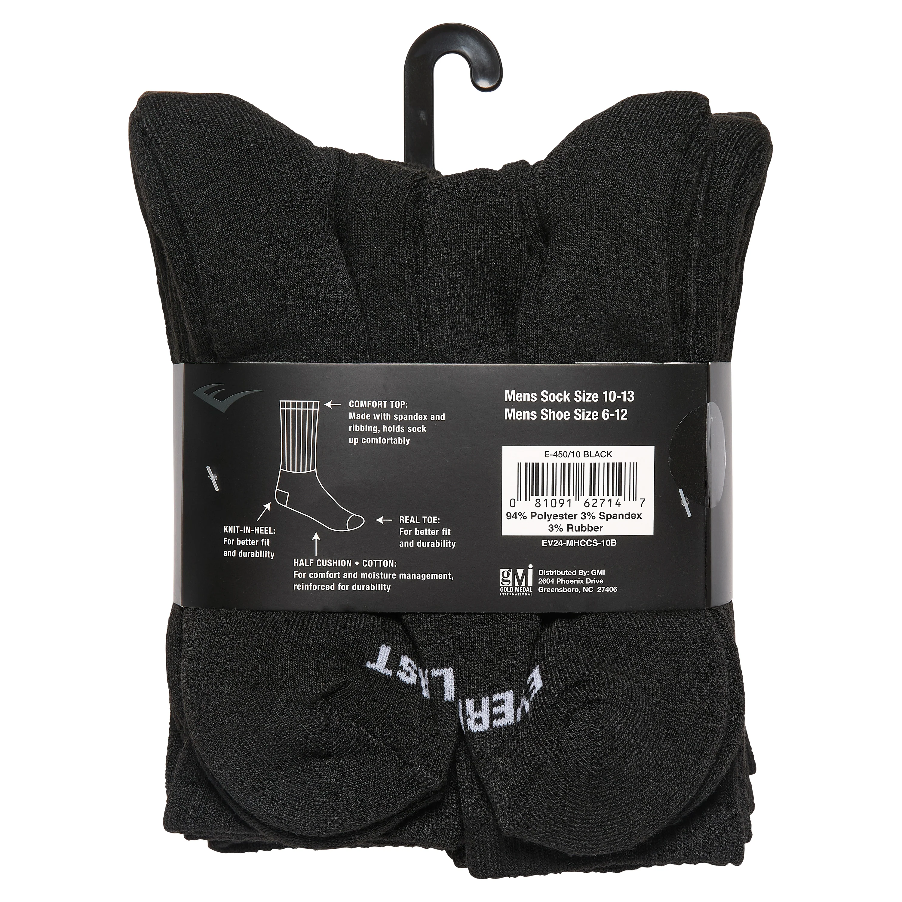 EVERLAST SOCKS PERFORMANCE CREW 10 PAIRS SIZE 6-12 BLACK - Image 3