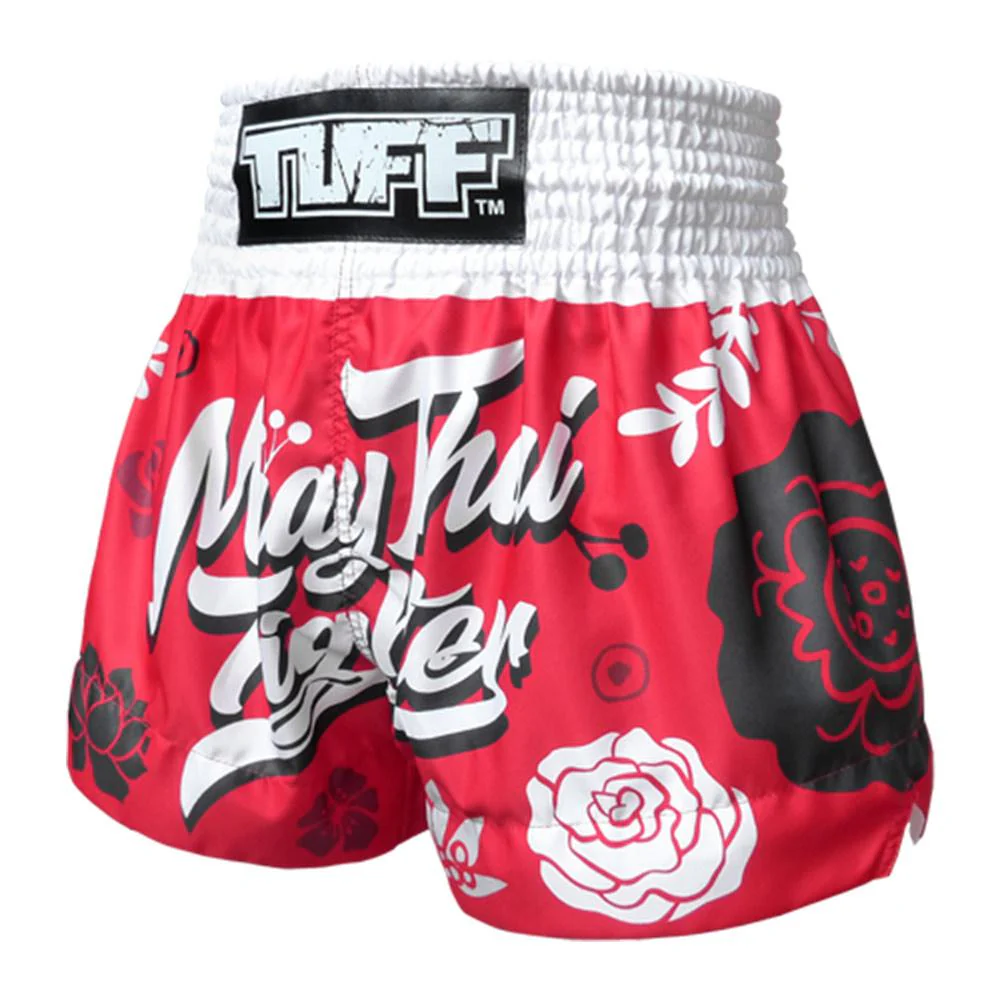 TUFF MUAY THAI SHORTS FLOWER RED/WHITE - Image 4